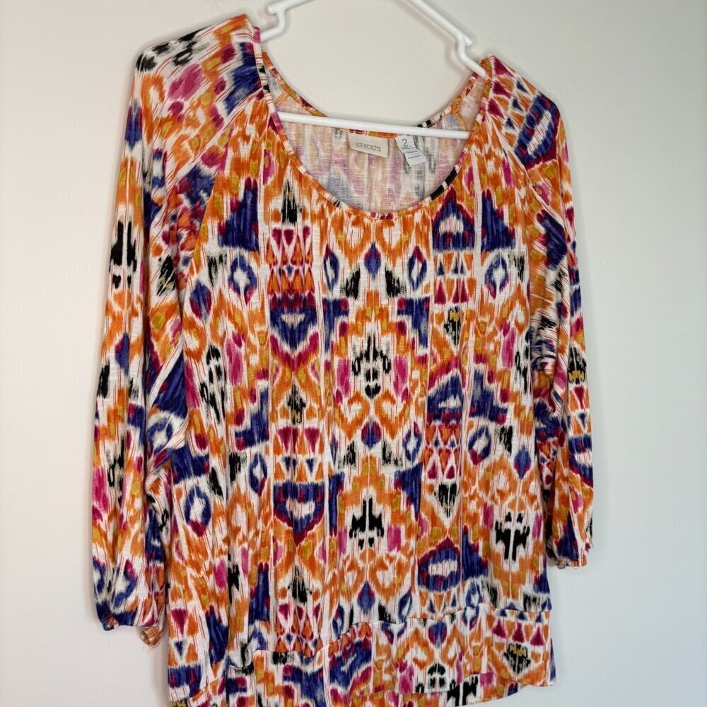 CHICO'S Aztec Design Top Womens L Colorful Bottom Waist Band 3/4 Sleeve